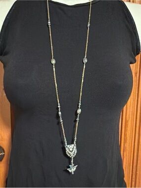 CAbi Gold-Tone Long Necklace with Gray Beads and Ornate Pendant